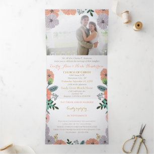 Invitation Trois Volets Mariage Floral Rose Lavande Vert