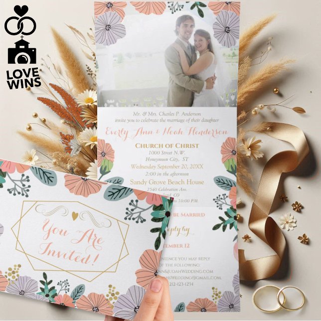 Invitation Trois Volets Mariage Floral Rose Lavande Vert (Créateur téléchargé)