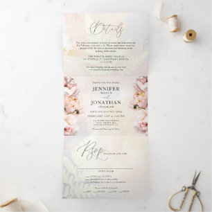 Invitation Trois Volets Mariage floral rose pâle élégant