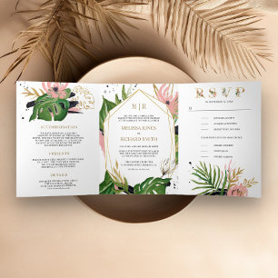 Invitation Trois Volets Mariage floral rose rose et bleu sauvage Tropical