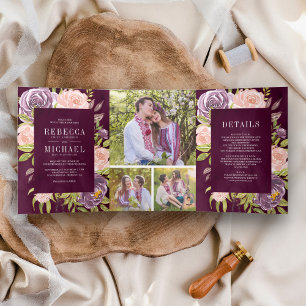 Invitation Trois Volets Mariage Floral Rose Violet Foncé et Rose Pâle