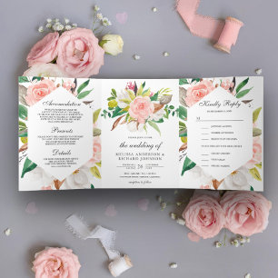 Invitation Trois Volets Mariage Floral Rustique Blanc Magnolia Rose Pâle