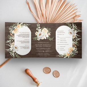 Invitation Trois Volets Mariage Floral Rustique en Bois de Grange Bohème T
