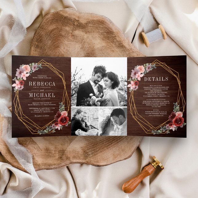 Invitation Trois Volets Mariage floral rustique rose bordeaux (Créateur téléchargé)