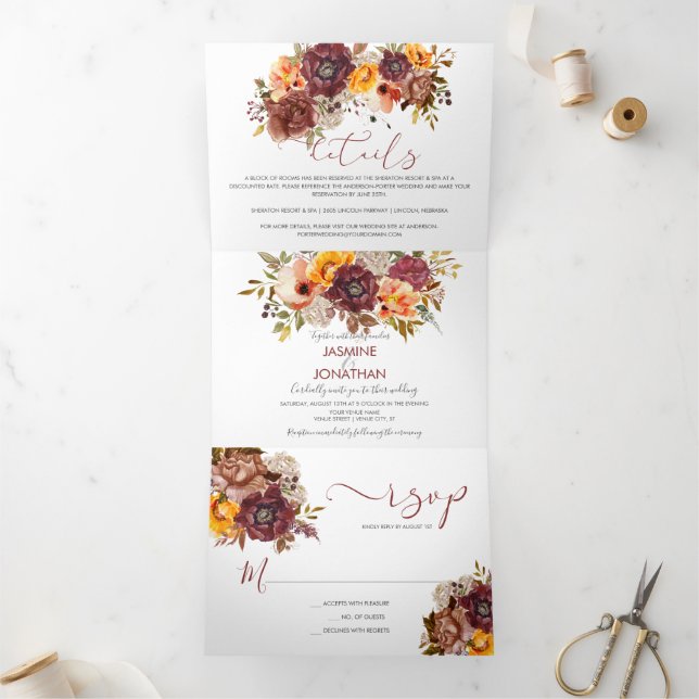 Invitation Trois Volets Mariage floral Splendor d'automne | (Intérieur)