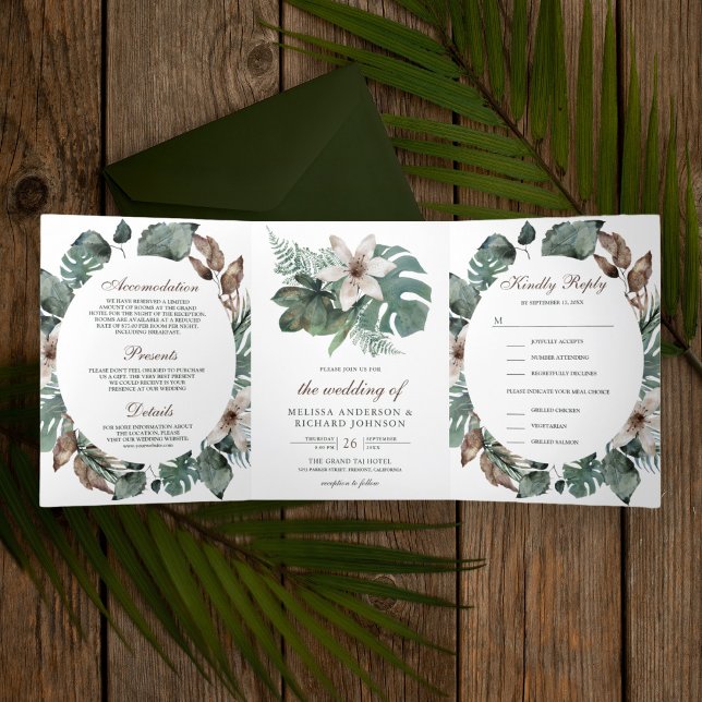 Invitation Trois Volets Mariage Floral Tropical à l'Aquarelle Rustique (Créateur téléchargé)