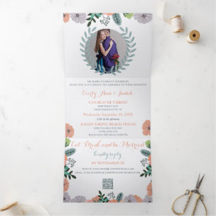 Invitation Trois Volets Mariage Floral Vert Menthe Amour Lavande Pêche