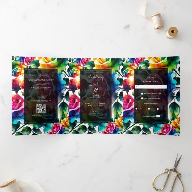 Invitation Trois Volets Mariage Floral Vibrant Roses Arc-en-ciel Noir et B (Intérieur)