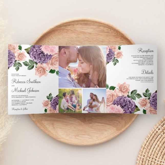 Invitation Trois Volets Mariage floral violet rustique de la pêche Dusty (Créateur téléchargé)