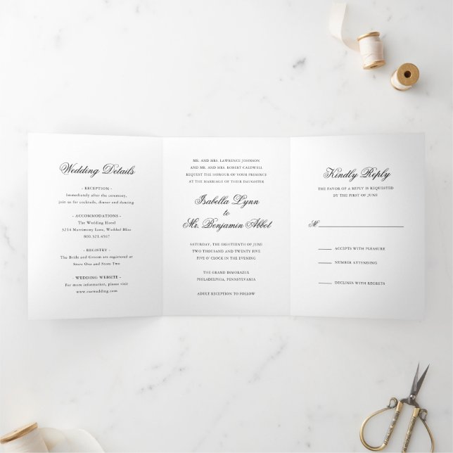 Invitation Trois Volets Mariage Formel Classique Traditionnel Noir et Blan (Intérieur)