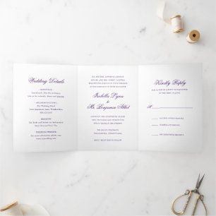 Invitation Trois Volets Mariage Formel Élégant Violet Traditionnel