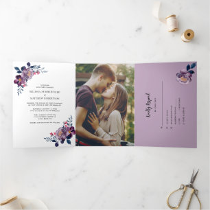 Invitation Trois Volets Mariage Géométrique Automnal à Motif Floral Violet