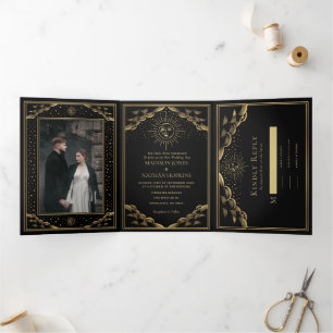 Invitation Trois Volets Mariage Gold Sun et Moon Tarot Card