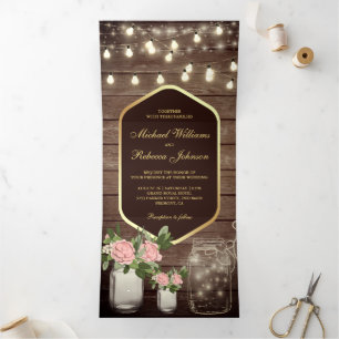 Invitation Trois Volets Mariage Guirlande de Lumières en Jarres de Maçon a