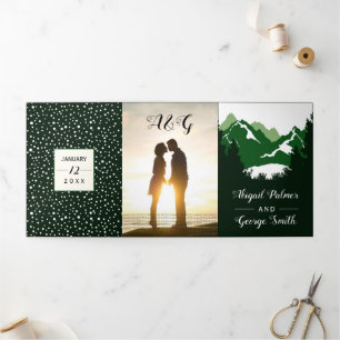 Invitation Trois Volets Mariage hiver dans les montagnes vertes et les arb