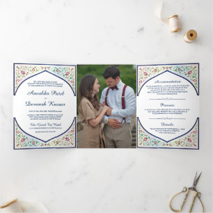 Invitation Trois Volets Mariage indien à l'arche florale ornementale bleue