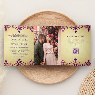 Invitation Trois Volets Mariage indien avec code QR Damassé Violet Rustiqu
