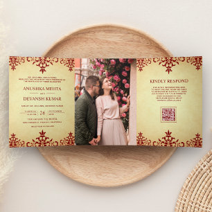 Invitation Trois Volets Mariage indien avec code QR ethnique damassé rouge