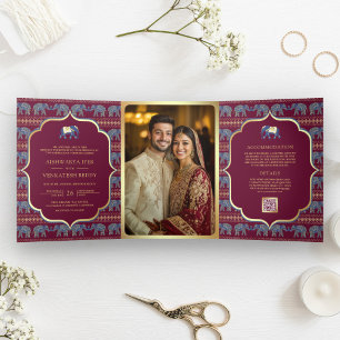 Invitation Trois Volets Mariage indien Blue Gold Elephant de la marine de 