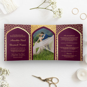 Invitation Trois Volets Mariage indien de style Bollywood prune et or