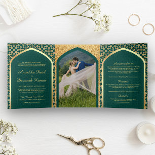 Invitation Trois Volets Mariage Indien de Style Bollywood Sarcelle et Or