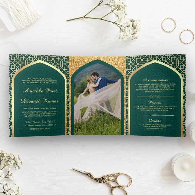Invitation Trois Volets Mariage Indien de Style Bollywood Sarcelle et Or (Créateur téléchargé)