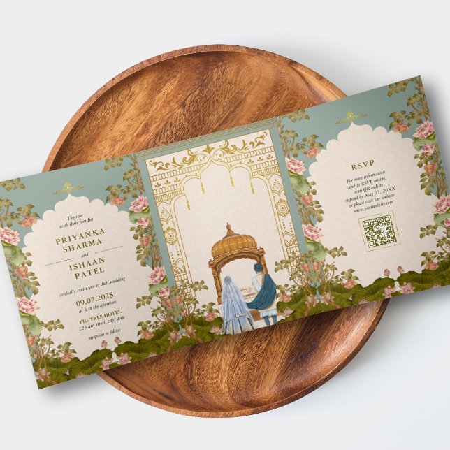 Invitation Trois Volets Mariage indien esthétique code QR tout en un (Indian Wedding All in One QR Code Invitation Aesthetic Floral Arch Gold )