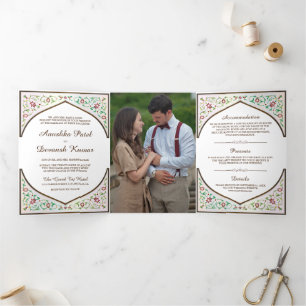 Invitation Trois Volets Mariage indien Ethnique Brun Orné Floral Arche
