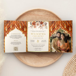 Invitation Trois Volets Mariage indien hindou du rideau de fleurs orange b