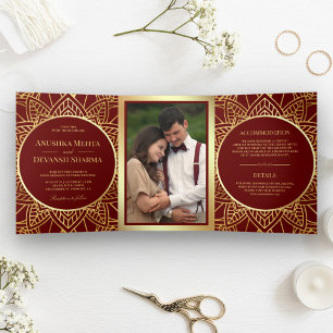 Invitation Trois Volets Mariage Indien Mandala Ethnique Rouge et Or