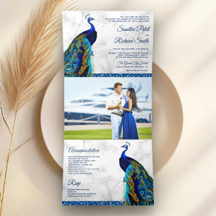 Invitation Trois Volets Mariage Indien Paon Bleu Marbre Blanc