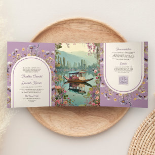 Invitation Trois Volets Mariage indien Shikara Kashmir lac Dal florale