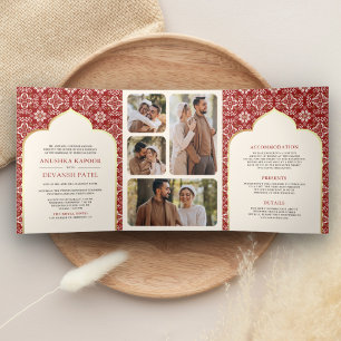 Invitation Trois Volets Mariage indien tout-en-un avec motif rouge ivoire