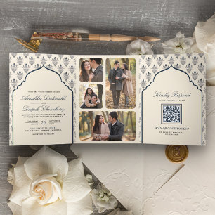 Invitation Trois Volets Mariage indien tout-en-un en ikat bleu marine crèm