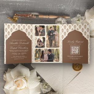 Invitation Trois Volets Mariage indien tout-en-un Ikat Crème Marron