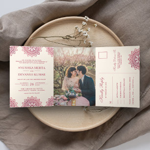 Invitation Trois Volets Mariage indien traditionnel élégant mandala rose