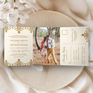 Invitation Trois Volets Mariage indien traditionnel élégant marron damassé