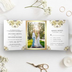 Invitation Trois Volets Mariage Indien Traditionnel Mandala Blanc et Or