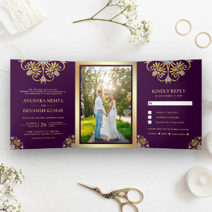 Invitation Trois Volets Mariage indien traditionnel mandala or et violet