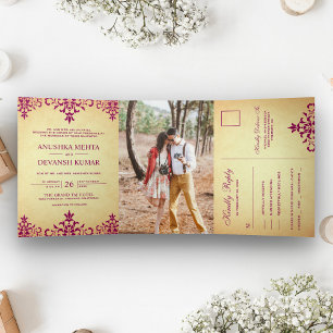 Invitation Trois Volets Mariage indien traditionnel rose vintage damassé