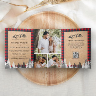 Invitation Trois Volets Mariage Kraft Rouge Buffalo Plaid Montagne Code QR