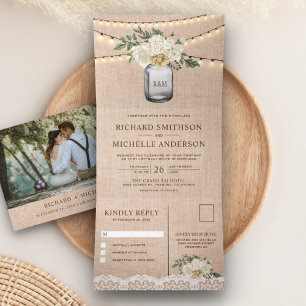 Invitation Trois Volets Mariage Lumière de Corde en Pot Mason Fleur Cream