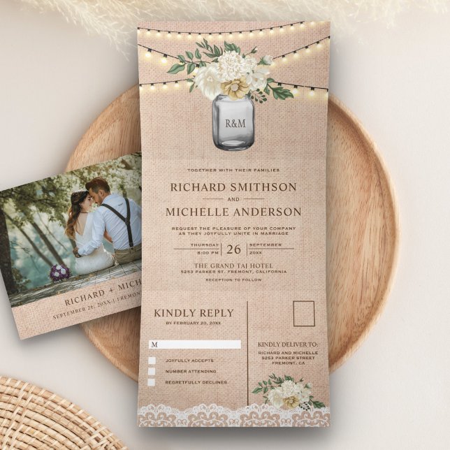 Invitation Trois Volets Mariage Lumière de Corde en Pot Mason Floral Crème (Créateur téléchargé)