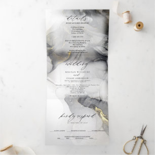 Invitation Trois Volets Mariage Marbre Noir Or Encre Alcoolique Tri-Pli 