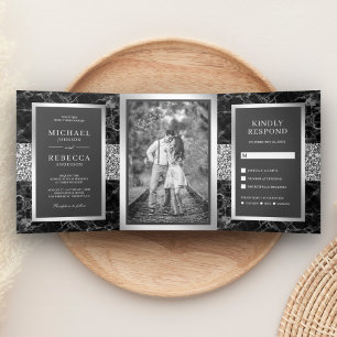 Invitation Trois Volets Mariage Marbre Noir Paillettes Argent Gris Foncé