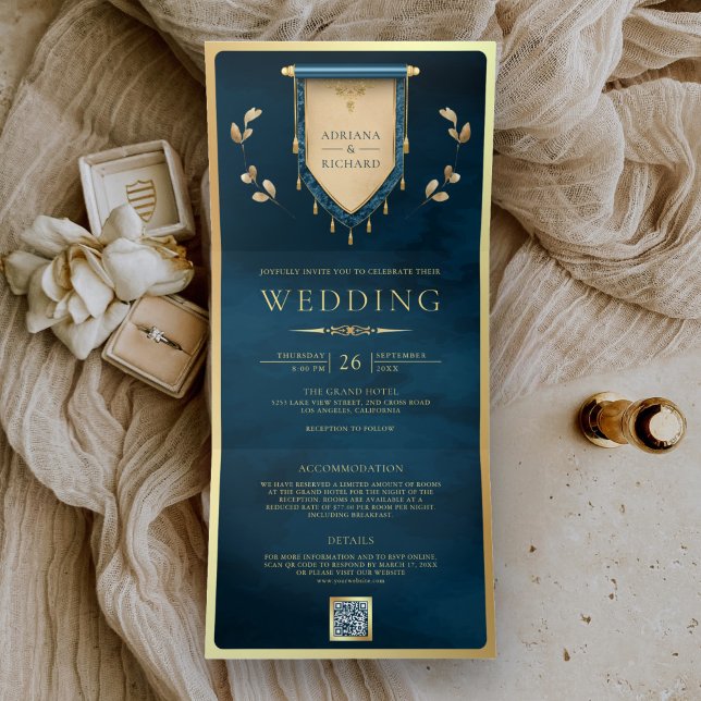 Invitation Trois Volets Mariage Médiéval Antique Ocean Blue Gold Scroll (Créateur téléchargé)