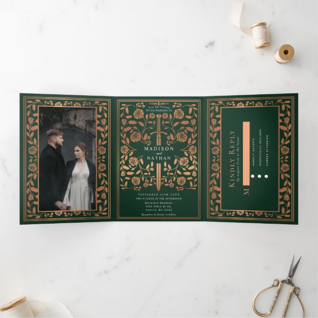 Invitation Trois Volets Mariage médiéval royal d'épée verte et cuivre (Intérieur)