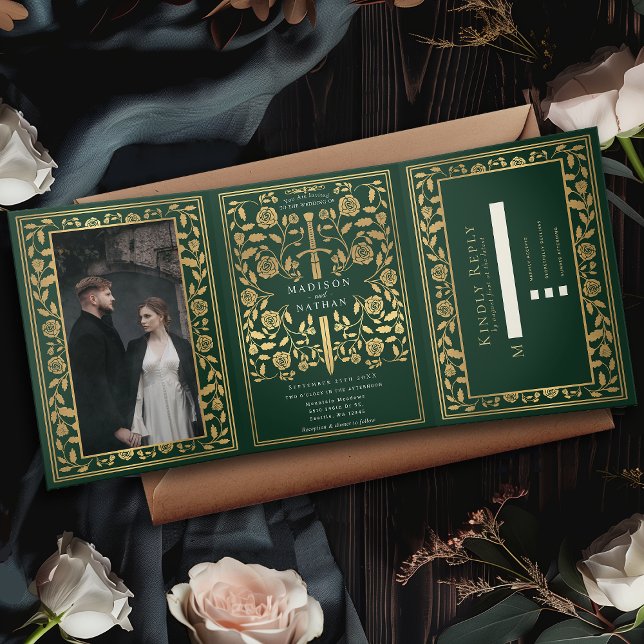 Invitation Trois Volets Mariage médiéval royal vert (Créateur téléchargé)