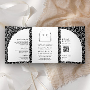 Invitation Trois Volets Mariage minimaliste noir et blanc à motif de feuil