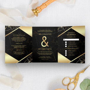 Invitation Trois Volets Mariage moderne à l'ampersand de marbre noir or